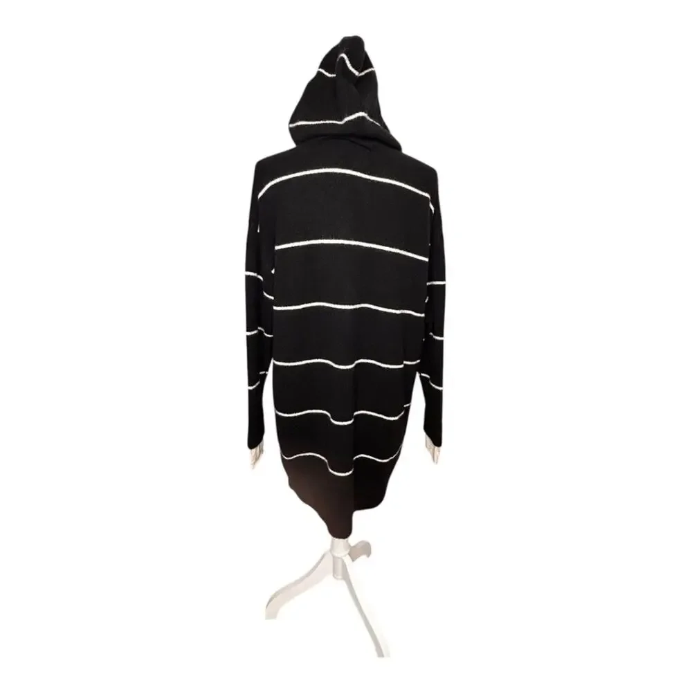 Alice + Olivia Riva Hooded Tunic Sweater Womens Black White Striped Small